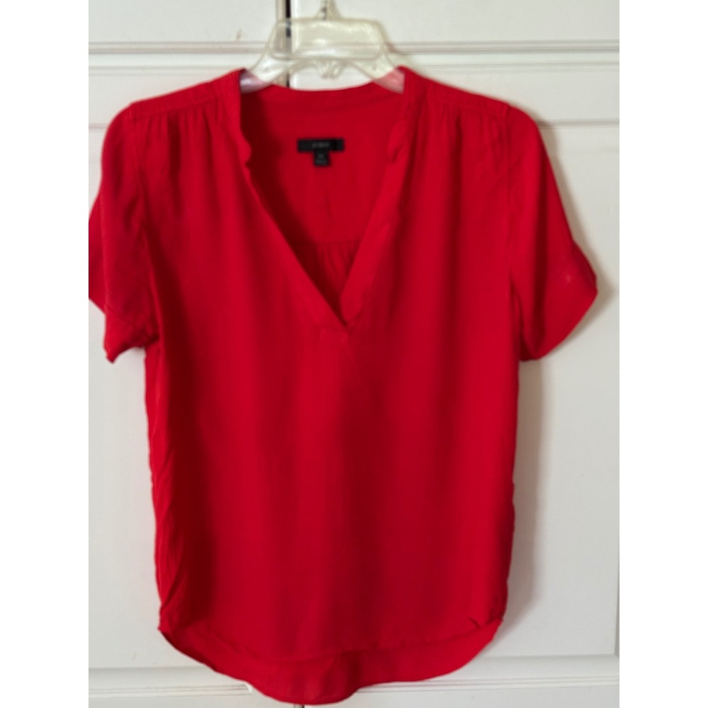 J.Crew Womens Red Short Sleeve V-Neck Split Neck Blouse Top XS